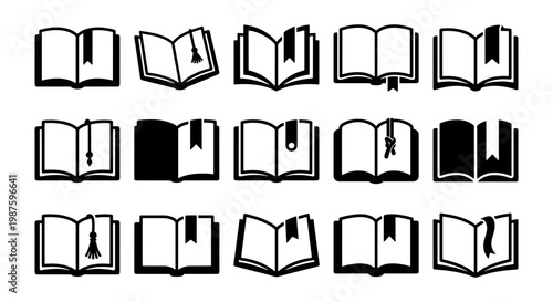 Minimalist book icon set with 15 open book symbols, black silhouette literature icons with bookmarks, educational vector graphics for library and school