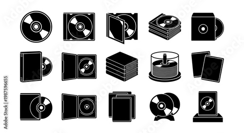 Compact disc icon set, 15 black and white CD and DVD vector elements, digital storage media symbols, optical disc packaging and case illustrations