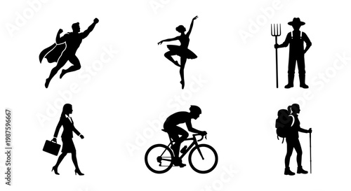 Black silhouette people icons set, diverse human figures including superhero and ballerina, professional and athletic character vector collection