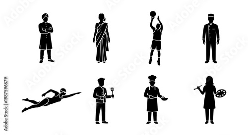Professional people silhouettes set, 8 diverse occupations and characters icons, black human figures representing various careers and cultures