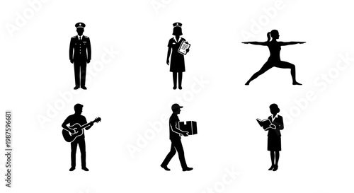 Professional people silhouettes collection, set of 6 diverse career icons. Black human figures representing pilot, nurse, yoga instructor, musician, delivery man, and business woman.