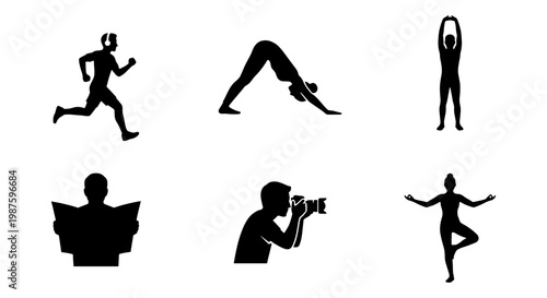 Minimalist lifestyle silhouettes set, 6 black vector icons of people in various activities, yoga poses and fitness exercises, photography and reading symbols