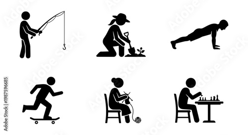 Lifestyle hobby stick figure icons, set of 6 vector pictograms, people engaging in leisure activities like fishing, gardening, fitness, and gaming