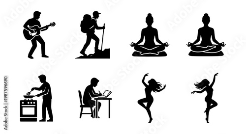 Lifestyle hobby silhouettes set, 8 black vector icons of people activities, yoga meditation and dancing figures, hiking and music playing symbols
