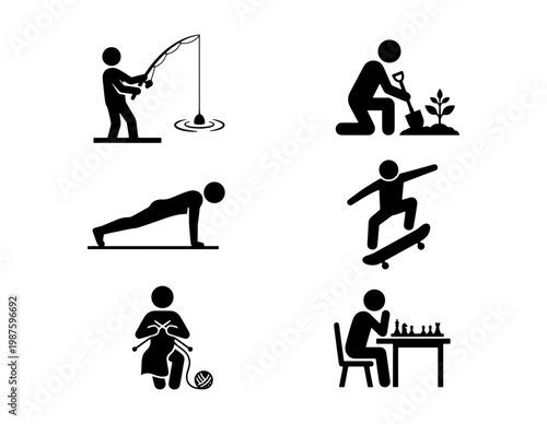 Minimalist stick figure hobby icons, black silhouette people doing activities, set of 6 vector pictograms for lifestyle and leisure