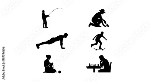 Black silhouette people hobbies set, collection of 6 vector icons featuring fishing, gardening, fitness, skateboarding, knitting, and chess