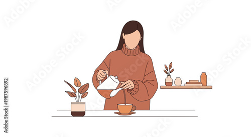 Cozy woman pouring tea into cup, enjoying a warm beverage at home, hygge lifestyle