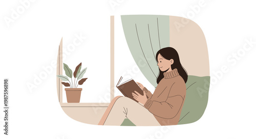 Cozy woman reading a book by the window, enjoying a quiet moment at home