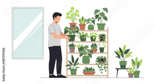 Man caring for houseplants on a shelf, indoor gardening hobby, home decor
