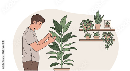 Man caring for a large indoor plant, surrounded by smaller potted plants on shelves.