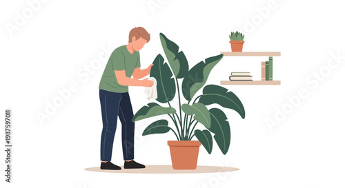 Man caring for large houseplant, wiping leaves, home interior, shelf with books and plant