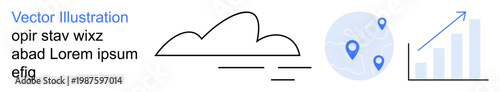 Cloud computing, geolocation, data visualization, analytics, technology, navigation. Minimalist cloud, map with location pointers and rising chart. Cloud computing and geolocation concept