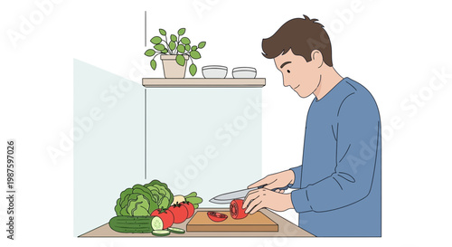 Man chopping fresh vegetables for healthy meal in kitchen, close-up on hands and ingredients