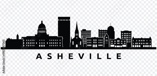 Black silhouette of asheville city skyline with various buildings and dome