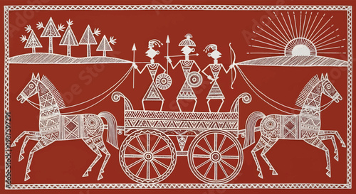 Warli art illustration of tribal warriors on a horse chariot, traditional Indian folk painting style, ethnic wall art vector with hunters and horses
