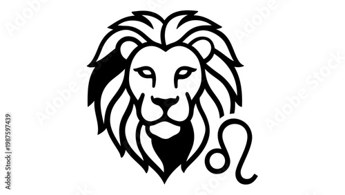 Leo Zodiac Sign Vector Icon Illustration, Minimalist Black and White Lion Head Astrology Symbol for Horoscope, Tarot, and Celestial Designs, Scalable Flat Graphic Element for Web and Print Media