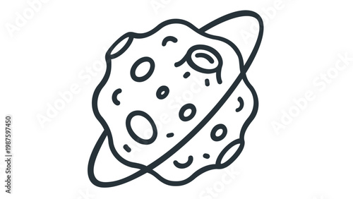 Minimalist asteroid symbol line icon vector illustration featuring a cratered celestial body with a planetary ring. Scalable flat design for astronomy, astrology, science, and space exploration.