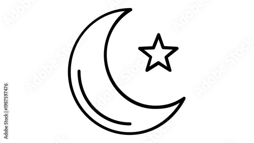 Crescent Moon and Star Vector Icon Illustration. Minimalist Black Line Art of a Waxing Moon with a Small Star, Ideal for Night, Sleep, Astrology, and Islamic Symbols. Scalable Flat Design Element.