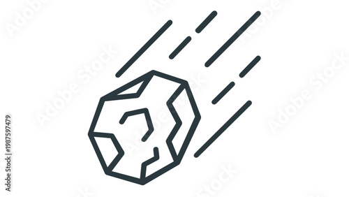 Asteroid falling through space vector icon. Minimalist line art illustration of a meteor or comet entering the atmosphere. Scalable flat design for astronomy, science, and zodiac symbol themes.