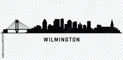 Black silhouette of wilmington city skyline with bridge and buildings