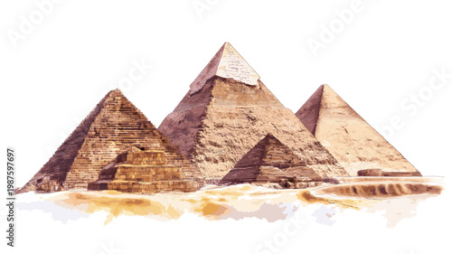 Pyramids of Giza. Pyramids of Giza hand drawn watercolor illustration on white background