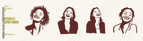 Happy smiling people portraits joyful emotions expressive faces. Illustrations for advertising and digital content. Hand drawn sketch style with bold fluid lines.