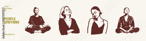 Calm relaxed people meditation poses peaceful lifestyle set. Illustrations for wellness blogs and mindfulness apps. Crayon drawn sketch, pencil style with smooth elegant lines.
