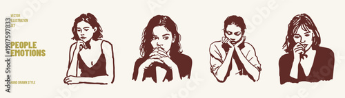 Thoughtful people thinking worried expressions deep contemplation portraits. Illustrations for psychology content and storytelling. Crayon drawn sketch style with detailed linework.