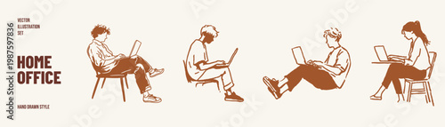 Remote workers sitting with laptops casual home workspace scenes. Illustrations for digital nomad content and productivity blogs. Hand drawn pencil style with minimal line art.
