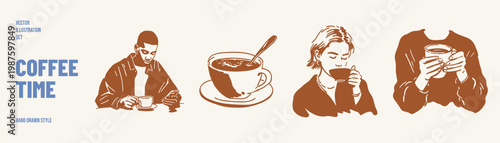 Coffee time people drinking cup browsing phone relaxing. Illustrations for lifestyle blogs and cafe branding. Hand drawn sketch style with bold simple outlines.