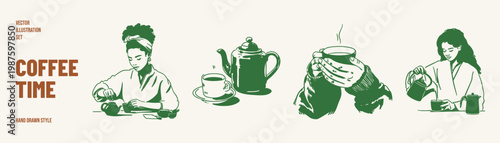Tea coffee ritual pouring kettle cup warm beverage set. Illustrations for packaging and cafe branding. Hand drawn pencil style with expressive contours.