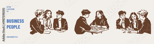 Team meeting discussion collaboration coworkers at table scene. Illustrations for reports and websites. Hand drawn sketch, pencil style with soft lines and minimal detail