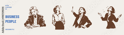 Expressive business women emotions set confident frustrated poses. Illustrations for presentations and marketing. Hand drawn sketch, pencil style with clean outlines and minimal shading.