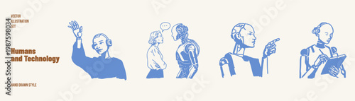 Human robot interaction ai communication futuristic technology concept set. Illustrations for tech presentations and digital products. Crayon drawn sketch style with clean precise lines.