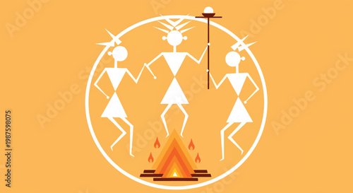 Warli tribal art vector illustration, traditional Indian folk painting of dancing figures, ethnic ritual around a bonfire on orange background