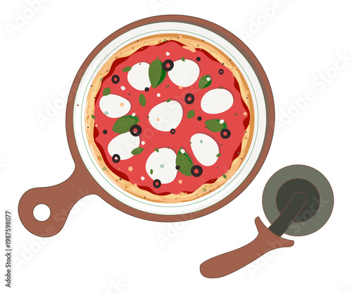 Pizza Margherita top view with cutter, Italian food vector illustration, flat style pizza on wooden board