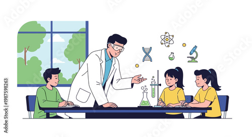 Children learning science in a classroom with a teacher and experiments