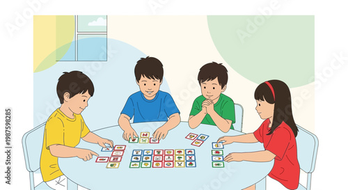 Children playing board games at a table, learning and having fun together.