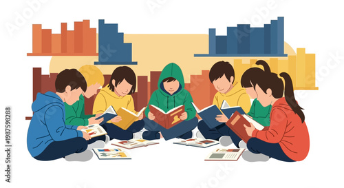 Children reading books together in a circle, learning and education concept