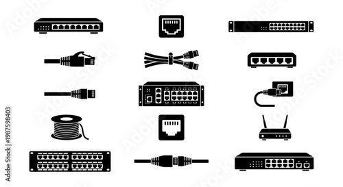 Network hardware icons set, black vector ethernet switch and router silhouettes, computer networking equipment and internet connection cables