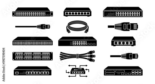 Network switch and ethernet cable icons set, black silhouette server hardware and router equipment, 14 vector elements for IT infrastructure