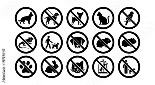 No pets allowed sign icons, 15 black prohibited animal silhouettes in circles, forbidden domestic pet symbols for public areas and buildings