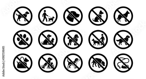 Prohibited dog signs collection, 15 black vector icons of no pets allowed symbols, restricted animal access warning labels for public areas