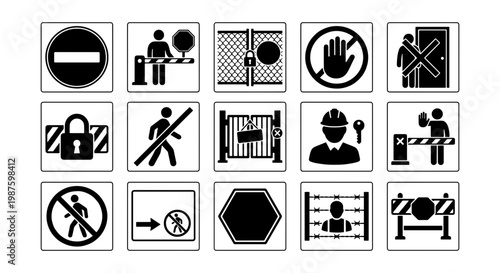 Industrial safety signs and restricted area icons, set of 15 black and white warning symbols, construction site security and no entry vector graphics