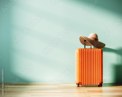 Orange travel luggage with summer hat on turquoise blue background with copy space. Summer travel concept. 3D Rendering, 3D Illustration