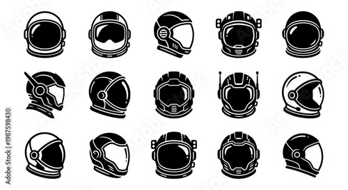 Astronaut helmet icon set, 15 space suit headgear vector elements. Minimalist black and white cosmonaut equipment, futuristic sci-fi helmet collection
