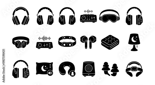 Sleep technology and noise cancellation icons, 18 black vector elements for healthy rest, headphones and earplugs for deep sleep and relaxation