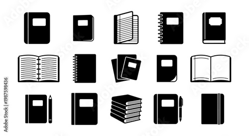 Minimalist notebook icon set, 15 black and white stationery vector elements, professional journal and spiral notepad symbols for office and school