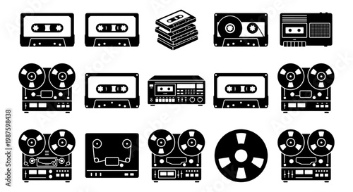 Vintage audio cassette icons and reel-to-reel tape recorder vectors. Retro music technology set with 15 black silhouettes. Analog sound equipment collection.