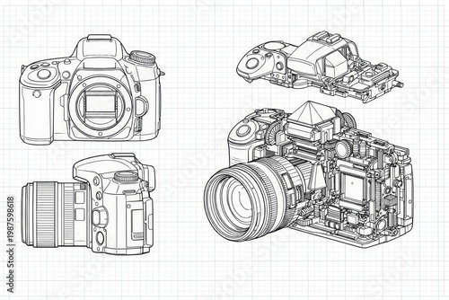 Technical blueprint-style line drawing of a digital single-lens reflex camera showing multiple orthographic views and an exploded sectional perspective revealing internal components